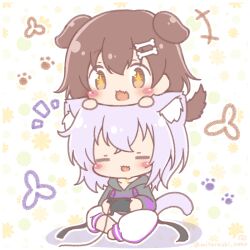  +++ +_+ 2girls animal_ear_fluff animal_ears asymmetrical_pants barefoot bone_hair_ornament brown_eyes brown_hair cartoon_bone cat_ears cat_girl cat_tail chibi commentary_request controller dog_ears dog_girl dog_tail drawstring floral_background game_controller grey_hoodie hair_between_eyes hair_ornament highres holding hololive hood hood_down hoodie inugami_korone mitarashi_neko multiple_girls nekomata_okayu nekomata_okayu_(1st_costume) on_head pants purple_hair shadow sitting tail virtual_youtuber white_background white_pants 