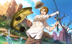  1boy brown_eyes brown_hair brown_pants cum cum_on_body facial facial_hair fish fishing fishing_rod game_cg goatee happy_elements hat helios_rising_heroes highres holding holding_fishing_rod jay_kidman male_focus mechanical_arms non-web_source official_art one_eye_closed open_mouth outdoors pants shirt sky smile solo teeth tree upper_teeth_only watch water 