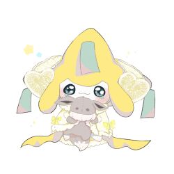  aqua_eyes blush closed_mouth eevee heart highres holding hood hoodie jira_077 jirachi no_humans pokemon pokemon_(creature) pokemon_focus simple_background smile solo star_(symbol) stuffed_toy white_background 