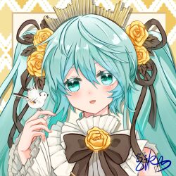  1girl :d absurdres aqua_eyes aqua_hair argyle_background bare_shoulders bird bird_on_hand black_bow black_bowtie black_ribbon bow bowtie flower frilled_shirt_collar frilled_sleeves frills hair_between_eyes hair_flower hair_ornament hair_ribbon hand_up hatsune_miku highres long_hair miku_symphony_(vocaloid) neck_flower open_mouth ribbon rose shirt smile solo twintails upper_body vocaloid white_shirt yellow_background yellow_flower yellow_rose youcong_qinghuayu 