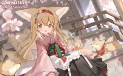  1girl animal_ears arknights black_skirt blonde_hair cherry_blossoms cloneko_(zelmeledf2) commentary_request commission fox fox_ears fox_girl fox_tail green_eyes hairband hakama hakama_skirt high-waist_skirt highres holding holding_pinwheel japanese_clothes kimono light_blush long_sleeves looking_at_viewer multiple_tails official_alternate_costume outdoors parted_lips pink_kimono pinwheel red_hairband sidelocks sitting skeb_commission skirt smile solo suzuran_(arknights) suzuran_(yukibare)_(arknights) tail twitter_username wide_sleeves 