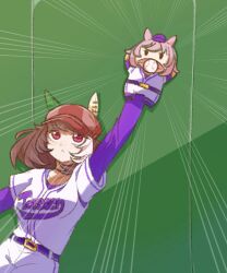  1girl animal_ears arm_up ball baseball_(object) baseball_jersey baseball_uniform belt brown_hair catching commentary_request ear_covers ears_through_headwear emphasis_lines hand_puppet hat highres horse_ears horse_girl jersey layered_sleeves long_sleeves looking_up marche_lorraine_(umamusume) matikado_purin multicolored_hair puppet red_eyes short_over_long_sleeves short_sleeves solo sportswear umamusume white_hair 