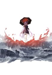  1girl black_dress black_flower black_gloves breasts closed_mouth dress evernight_(honkai:_star_rail) f_ron feet_out_of_frame flower gloves hair_between_eyes hair_flower hair_ornament highres holding holding_umbrella honkai:_star_rail honkai_(series) light_smile long_hair long_sleeves looking_at_viewer march_7th_(honkai:_star_rail) medium_breasts pink_hair red_eyes simple_background single_bare_shoulder solo thigh_strap umbrella very_long_hair waves white_background 