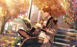  1boy belt bench black_pants book brown_eyes brown_hair crossed_legs facial_hair flower game_cg goatee happy_elements helios_rising_heroes highres holding holding_book jacket jay_kidman leaf male_focus mechanical_arms non-web_source official_art open_book outdoors pants park_bench shirt single_mechanical_arm sitting solo tree white_shirt 