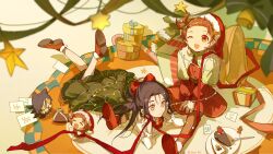  2girls absurdres artist_name bare_legs black_hair black_pantyhose bow bowtie box braid braided_bangs brown_hair cake cake_slice capelet carpet character_doll christmas_lights doll dress elbow_rest food frilled_sleeves frills full_body gift gift_box green_dress hair_bow hair_ornament hat head_rest highres kamisaki_hikaru lava_indifferent leg_up long_hair long_sleeves looking_at_another lying medalist_(manga) multicolored_eyes multiple_girls on_stomach one_eye_closed open_clothes orange_eyes pantyhose plate puffy_sleeves red_dress red_ribbon red_shoes ribbon santa_costume santa_dress santa_hat shoes sitting spork star_(symbol) violet_eyes yellow_eyes yuitsuka_inori 