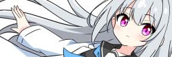  1girl arm_at_side bad_id bad_twitter_id black_sailor_collar blue_neckerchief blush closed_mouth dot_nose grey_hair kotatsu-mazoku lab_coat lab_coat_girl_(kotatsu-mazoku) long_hair long_sleeves looking_at_viewer neckerchief original portrait sailor_collar school_uniform serafuku sidelocks simple_background solo twitter_banner violet_eyes white_background 