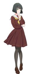  1girl black_hair black_pantyhose blunt_bangs blunt_ends bob_cut brown_dress brown_shoes closed_mouth dress finger_to_mouth full_body green_eyes hand_on_own_elbow hasu_no_sora_school_uniform highres iizuka_haruko link!_like!_love_live! loafers long_sleeves looking_at_viewer love_live! medium_dress momose_ginko neckerchief official_art pantyhose pleated_dress sailor_collar sailor_dress school_uniform shoes short_hair shushing simple_background smile solo standing transparent_background white_sailor_collar winter_uniform yellow_neckerchief 