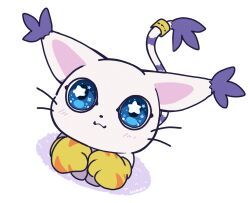  animal_ears commentary digimon digimon_(creature) english_commentary gloves highres looking_at_viewer looking_up loyaldis no_humans simple_background solo star-shaped_pupils star_(symbol) symbol-shaped_pupils tail tailmon white_background yellow_gloves 