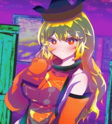  1girl 2025 black_trim blonde_hair breasts brown_hat closed_mouth commentary constellation_print dated detached_sleeves door dot_nose hand_up hat highres large_breasts long_hair long_sleeves looking_at_viewer matara_okina orange_sleeves orange_tabard purple_background shi_ren_ne shirt sleeves_past_fingers sleeves_past_wrists smile solo sun_print sun_symbol tabard tate_eboshi touhou white_shirt wide_sleeves 