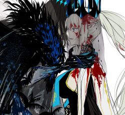  1boy 1girl black_hair blood blood_on_clothes blood_on_face blue_eyes braid chadol_c commentary_request crown dragonfly_wings fate/grand_order fate_(series) fur_trim hair_between_eyes half_up_braid highres insect_wings korean_commentary long_hair long_sleeves morgan_le_fay_(fate) morgan_le_fay_(queen_of_winter)_(fate) oberon_(fate) oberon_(third_ascension)_(fate) ponytail short_hair simple_background veil very_long_hair white_background white_hair wings 