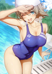  1girl aqours_2nd_years arm_up armpit_crease blue_eyes blue_one-piece_swimsuit blush breasts cleavage clouds cloudy_sky commentary_request competition_swimsuit fence goggles grey_hair head_tilt highres large_breasts looking_at_viewer love_live! love_live!_sunshine!! one-piece_swimsuit one_eye_closed open_mouth outdoors pool rokko salute school_uniform short_hair sky smile solo swim_cap swimsuit teeth thighs upper_teeth_only watanabe_you wavy_hair wet wet_clothes wet_hair 