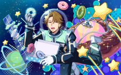  1boy brown_eyes brown_hair doughnut facial_hair food game_cg gloves goatee happy_elements helios_rising_heroes highres holding holding_food jay_kidman looking_at_viewer male_focus non-web_source official_art open_mouth solo space spacesuit star_(symbol) teeth upper_teeth_only white_gloves 