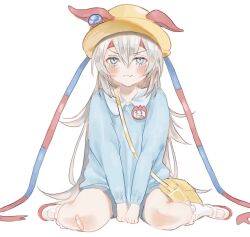  1girl animal_ears bag bandaid bandaid_on_knee bandaid_on_leg blue_eyes blue_hairband blue_shirt blush closed_mouth commentary_request ear_covers fang grey_hair grey_tail hair_between_eyes hairband hat headband horse_ears horse_girl horse_tail jacket kindergarten kindergarten_bag kindergarten_uniform long_hair long_sleeves multicolored_hairband multiple_girls official_alternate_costume red_headband school_hat shirt shoes simple_background sitting skin_fang smock socks striped_clothes striped_hairband tail tamamo_cross_(umamusume) two-tone_hairband umamusume umayon very_long_hair wariza white_background white_socks yellow_bag yellow_hat yukime_(yurumerutu) 
