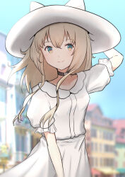  1girl animal_ears arknights arms_up blonde_hair blurry blurry_background choker city commentary_request dog_ears dog_girl dress green_eyes hat kuruzusu light_blush looking_at_viewer medium_hair podenco_(arknights) smile solo sundress white_dress white_hat 