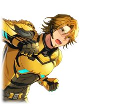  1boy armor brown_eyes brown_hair clenched_hands facial_hair game_cg goatee happy_elements headset helios_rising_heroes jay_kidman male_focus non-web_source official_art open_mouth solo transparent_background 