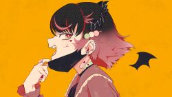  1girl bandaid ben-day_dots black_hair black_mask chewbers dango_hair_ornament ear_piercing earrings eyelashes facial_mark fang food-themed_hair_ornament fraiki_(vtuber) gradient_hair hair_ornament heart heart_facial_mark highres horns indie_virtual_youtuber jewelry mask mask_pull mouth_mask multicolored_eyes multicolored_hair official_art open_mouth orange_background piercing pink_hair portrait profile ring screentones short_hair signature smile solo teeth upper_teeth_only virtual_youtuber 