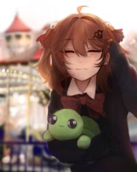  1boy 1girl absurdres ahoge amusement_park arm_up black_cardigan blurry bow bowtie broken_heart broken_heart_hair_ornament brown_hair cardigan carrying castle closed_mouth collared_shirt depth_of_field earclip evil_neuro-sama fang hair_between_eyes hair_ornament hair_ribbon heart highres jiro_draws_cats light_blush long_hair long_sleeves outdoors red_bow red_bowtie red_eyes red_ribbon ribbon shirt skin_fang skull_hair_ornament sleeves_past_wrists smile stuffed_animal stuffed_toy turtle two_side_up upper_body vedal987 vedal_ai virtual_youtuber white_shirt wide-eyed 