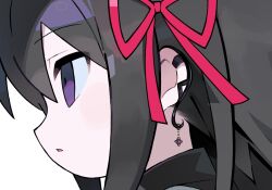  1girl akemi_homura akemi_homura_(magical_girl) black_collar black_hair blush close-up collar earrings floating_earrings from_side gem hair_ribbon jewelry looking_ahead mahou_shoujo_madoka_magica morizo_(morizoshop) open_mouth ribbon sidelocks single_earring solo soul_gem violet_eyes white_background 