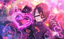  1boy belt_collar black_collar black_gloves brown_eyes brown_hair collar eyepatch facial_hair facing_viewer game_cg gloves goatee happy_elements heart heart_hands helios_rising_heroes highres jay_kidman long_sleeves male_focus multiple_boys non-web_source official_art open_mouth shirt smile solo_focus spiked_collar spikes upper_body 