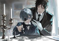  2boys backlighting black_hair black_jacket black_nails black_necktie black_vest blue_eyes candlestand chess_piece chessboard ciel_phantomhive collared_shirt eyepatch formal_clothes gloves grey_hair highres holding holding_chess_piece jacket kuroshitsuji lymiriell male_focus multiple_boys neck_ribbon necktie one_eye_covered pov red_eyes ribbon sebastian_michaelis shirt short_hair sidelocks suit_jacket upper_body vest white_gloves white_shirt 