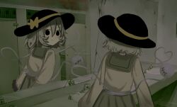  1girl black_hat blouse blush bow commentary_request eyeball frilled_sleeves frills green_hair green_skirt hat hat_bow hat_ribbon heart heart_of_string highres indoors komeiji_koishi mirror ribbon shirt skirt smile solo third_eye touhou ttaaca_ca yellow_bow yellow_ribbon yellow_shirt 