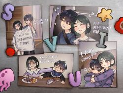  1boy 1girl alien_stage baby_bottle black_eyes black_hair bottle brother_and_sister chaostharsis commentary english_commentary english_text get_along_shirt_(meme) highres ivan_(alien_stage) magnet meme photo_(object) plate red_pupils shirt short_hair siblings sleeping sua_(alien_stage) very_short_hair violet_eyes white_shirt zzz 