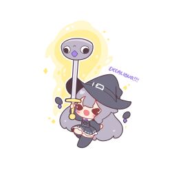  >_< 1girl :d black_dress black_hat black_thighhighs blush chibi chibi_only closed_eyes commentary decrilus double-parted_bangs dress english_commentary full_body grey_hair hat highres holding holding_sword holding_weapon hololive hololive_english koseki_bijou long_hair long_sleeves open_mouth outline pleated_dress smile solo standing sword thigh-highs virtual_youtuber weapon white_outline witch_hat xd 