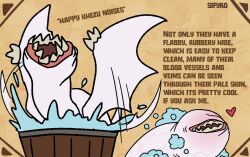 bath bathtub bubble_bath commentary english_commentary english_text heart in_bathtub khezu khezu_(armor) monster monster_focus monster_hunter_(series) no_eyes no_humans open_mouth sifyro simple_background soap_bubbles solo teeth wings 