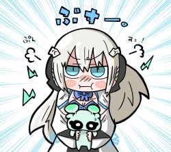  1girl black_bow blue_eyes blush bow braid commentary_request con_(fate) fate/grand_order fate_(series) hair_between_eyes hair_bow half_up_braid long_hair long_sleeves looking_at_viewer morgan_le_fay_(fate) morgan_le_fay_(first_ascension)_(fate) naoruna01 ponytail simple_background very_long_hair white_hair 