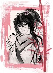  bamboo black_eyes black_hair chinese_clothes deren_(path_to_nowhere) hair_between_eyes high_ponytail highres holding holding_scroll nehoshino path_to_nowhere ponytail scroll short_ponytail upper_body 