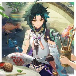  1boy 1other absurdres asymmetrical_gloves bead_necklace beads black_gloves blue_gloves commentary detached_sleeves english_commentary genshin_impact gloves green_hair highres holding holding_paintbrush jewelry mismatched_gloves necklace official_art paintbrush shirt short_hair shoulder_tattoo single_bare_shoulder single_detached_sleeve solo_focus tattoo upper_body white_shirt xiao_(genshin_impact) yellow_eyes 