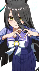  1girl animal_ear_piercing animal_ears black_hair black_tail blush bow bowtie closed_mouth commentary_request earrings four-finger_heart_hands hair_between_eyes heart heart_hands highres horse_ears horse_girl horse_tail horseshoe_ornament jewelry leaning_forward long_hair long_hair_between_eyes long_sleeves looking_at_viewer manhattan_cafe_(umamusume) motusii pleated_skirt purple_sailor_collar purple_shirt purple_skirt sailor_collar school_uniform shirt simple_background single_earring skirt smile solo tail tracen_school_uniform umamusume white_background white_bow white_bowtie yellow_eyes 
