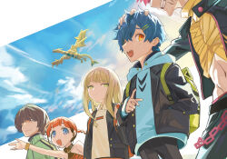 1girl 2girls 3boys absurdres asanaka_yomogi asukagawa_chise backpack bag black_jacket black_pants blonde_hair blue_eyes blue_hair blue_hoodie blue_sky braid brown_hair closed_mouth clouds commentary_request day flying gauma goldburn green_eyes gridman_universe hair_ornament hair_over_one_eye hairclip hand_in_pocket hand_on_another's_head highres hood hood_down hoodie jacket jewelry long_hair long_sleeves looking_at_viewer minami_yume multiple_boys multiple_girls open_clothes open_jacket open_mouth orange_eyes orange_hair pants red_hair shirt short_hair sky smile ssss.dynazenon twin_braids tyaui_(xjju4435) yamanaka_koyomi yellow_eyes 