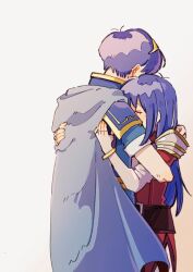  1boy 1girl belt blue_cape blue_hair blue_shirt blush bracelet brown_belt caeda_(fire_emblem) cape closed_eyes commentary_request dress elbow_gloves fire_emblem fire_emblem:_shadow_dragon from_behind gloves gold_bracelet gold_tiara gold_trim hetero hug jewelry long_hair marth_(fire_emblem) neeeeeeega_2025 partially_fingerless_gloves red_dress shirt short_hair short_sleeves shoulder_guard side_slit white_gloves 