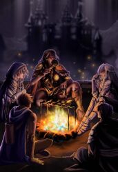  2boys 3girls aquamarie0809 arm_guards armor blindfold burning cape cassie_(shadow_slave) castle cloak drumsticks eating effie_(shadow_slave) fire food full_body highres holding holding_drumsticks holding_food hood hood_up hooded_cloak kai_(shadow_slave) knee_up light_particles long_hair multiple_boys multiple_girls nephis_(shadow_slave) quiver shadow_slave shish_kebab sitting sunny_(shadow_slave) white_hair 