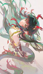  1girl absurdres arknights arknights:_endfield arms_behind_back bare_shoulders black_gloves blunt_bangs breasts chinese_commentary commentary_request detached_sleeves dragon_girl dragon_horns dragon_tail eastern_dragon_horns eastern_dragon_tail eyeshadow feet_out_of_frame floating_hair from_above gloves gradient_pants green_eyes green_hair green_pants green_tube_top hair_intakes hair_ornament hair_stick half_updo hand_on_own_arm highres horns large_breasts lege_bushi_shiwu long_hair looking_at_viewer looking_up makeup multicolored_hair pants pointy_ears red_eyeshadow red_horns red_streaks sidelocks solo strapless streaked_hair tail tassel tassets tube_top very_long_hair very_long_tail zhuang_fangyi_(arknights) 