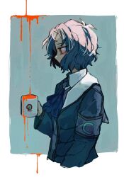  1boy ascot bags_under_eyes blood blue_ascot blue_background blue_hair border chesed_(project_moon) coffee_mug covered_mouth cup from_side holding holding_cup lobotomy_corporation lobotomy_corporation_logo looking_ahead male_focus mug outside_border project_moon short_hair simple_background solo standing white_border yono_neie 