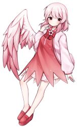  1girl blush bow bowtie closed_mouth commentary_request dot_nose dress feathered_wings full_body hand_up highres jacket kishin_sagume long_sleeves looking_at_viewer open_clothes open_jacket pink_dress pink_hair pink_jacket red_bow red_bowtie red_eyes red_shoes shoes short_hair simple_background single_wing solo soooooook2 standing touhou white_background wings 