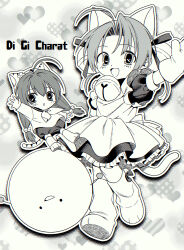  2girls absurdres ahoge animal_hat apron bell bow cat_girl cat_hat cat_tail chestnut_mouth commentary_request copyright_name dejiko di_gi_charat dress flower footwear_bow full_body gema greyscale hair_bell hair_between_eyes hair_ornament hair_ribbon halftone hat hat_flower highres jingle_bell long_hair looking_at_viewer low_twintails medium_hair menma_(enaic31) mittens monochrome multiple_girls neck_bell neckerchief open_mouth parted_bangs paw_shoes petticoat puchiko puffy_short_sleeves puffy_sleeves ribbon sailor_collar sailor_shirt shirt short_sleeves shorts smile tail twintails 
