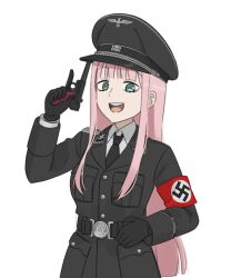  1girl alternate_costume belt belt_buckle black_belt black_cat03 black_gloves black_hat black_jacket black_necktie breast_pocket buckle buttons collar_tabs collared_shirt commentary cuff_title darling_in_the_franxx english_commentary gloves green_eyes gun hand_up handgun hat highres holding holding_gun holding_weapon jacket lapels long_hair long_sleeves luger_p08 military_dress_uniform military_hat military_jacket military_uniform nazi necktie open_mouth peaked_cap pink_hair pocket reichsadler shirt siegrunen simple_background smile solo ss_insignia swastika teeth totenkopf trigger_discipline upper_body upper_teeth_only waffen-ss weapon white_background white_shirt 