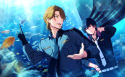  2boys belt black_gloves brown_eyes brown_hair collared_shirt facial_hair fish game_cg gloves goatee happy_elements headphones headphones_around_neck helios_rising_heroes highres jay_kidman long_sleeves male_focus mole multiple_boys necktie non-web_source official_art open_mouth shirt single_glove smile teeth tropical_fish white_belt white_necktie 