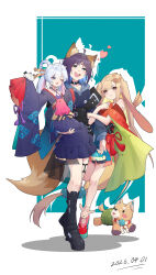  3girls absurdres animal_ears arm_hug black_boots blonde_hair blue_hoodie blue_kimono blush boots brown_eyes brown_hair carrying carrying_person chibi_yachiyo cho_kaguya-hime! closed_mouth commentary crescent crescent_hair_ornament fishnet_pantyhose fishnets forehead_jewel fox_ears fox_girl fox_tail fushi_(cho_kaguya-hime!) garter_straps green_eyes hair_ornament hair_rings heart highres hood hood_down hoodie inudoge japanese_clothes kaguya_(cho_kaguya-hime!) kimono long_hair low-tied_long_hair multiple_girls open_mouth pantyhose pink_hair pink_shoes pout rabbit_ears rabbit_girl red_kimono runami_yachiyo sakayori_iroha shoes short_hair single_thighhigh sleeves_past_fingers sleeves_past_wrists sweatdrop tail thigh-highs twintails very_long_hair white_hair yu_(pixiv_44166331) yuri 