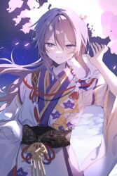  1boy :d absurdres asa_no_ha_(pattern) bellflower blush cherry_blossoms chinese_bellflower commentary_request cowboy_shot double-parted_bangs ensemble_stars! falling_petals floating_hair floral_print floral_print_kimono flower fur_shawl glowing glowing_petals hair_between_eyes hair_intakes hand_up highres japanese_clothes kanzaki_souma kimono korean_commentary long_hair long_sleeves looking_to_the_side male_focus night official_alternate_costume open_mouth petals pink_petals ponytail print_kimono purodusadono purple_hair shawl sidelighting sidelocks sky smile solo star_(sky) starry_sky violet_eyes white_kimono wide_sleeves 