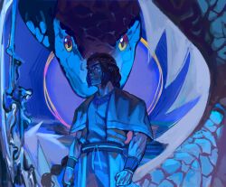  1boy absurdres animal bangle blue_theme bracelet capelet clenched_hand commentary daeron_(shadow_slave) dragon english_commentary headband highres jewelry looking_at_viewer male_focus muscular muscular_male nowen1449 rope_belt serious shadow_slave shirt short_hair wavy_hair western_dragon 