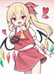  1girl :d ascot blonde_hair candy chocolate collared_shirt commentary_request cowboy_shot crystal_wings double-parted_bangs fang flandre_scarlet food frilled_wrist_cuffs frills hair_between_eyes hair_ribbon heart heart-shaped_chocolate heart-shaped_food holding holding_chocolate holding_food long_hair looking_at_viewer miniskirt multicolored_wings open_mouth red_eyes red_ribbon red_skirt red_vest ribbon shirt short_sleeves side_ponytail simple_background skirt skirt_set smile solo soooooook2 touhou valentine vest white_background white_shirt wings wrist_cuffs yellow_ascot 