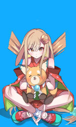  1girl animal_ears blonde_hair blue_background brown_eyes brown_hair cho_kaguya-hime! closed_mouth clothing_cutout colored_inner_hair commentary_request crescent crescent_hair_ornament hair_ornament highres inudoge japanese_clothes kaguya_(cho_kaguya-hime!) kimono long_hair multicolored_hair pink_shoes rabbit_ears rabbit_girl red_kimono shide shoes shoulder_cutout simple_background sitting socks solo toto_(baskelovelive) white_socks 