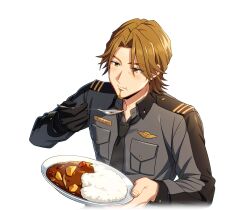  1boy black_gloves black_necktie blush breast_pocket brown_eyes brown_hair curry curry_rice eating facial_hair food game_cg gloves goatee happy_elements helios_rising_heroes holding holding_spoon jay_kidman long_sleeves male_focus necktie non-web_source official_art pocket rice shirt single_glove solo spoon transparent_background upper_body 