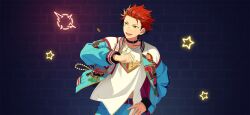  1boy belt black_choker black_hair choker clenched_hand coin crew_neck ear_piercing earrings ensemble_stars! fingernails floating_clothes game_cg gold_necklace green_eyes hand_up happy_elements jacket jewelry kiryu_kuro layered_clothes long_sleeves male_focus multicolored_hair necklace official_art open_clothes open_jacket open_mouth piercing red_hair shirt short_hair smile solo star_(symbol) streaked_hair stud_earrings surprising_thanks!!_(ensemble_stars!) teeth third-party_source two-tone_hair upper_teeth_only variant_set white_shirt 