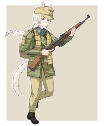  1girl absurdres afrika_korps ammunition_pouch animal_ears backpack bag black_boots blonde_hair blue_eyes blue_scarf boots border braid braided_ponytail brown_background brown_bag camouflage camouflage_jacket cat_ears censored censored_symbol chinese_commentary cockade collar_tabs combat_boots commentary_request contrast_collar ears_through_headwear full_body gewehr_43 green_jacket gun hat highres holding holding_gun holding_weapon jacket leg_up liemiao707 long_hair long_sleeves looking_ahead luftwaffe m43_field_cap military military_hat military_jacket military_uniform open_mouth original outline outside_border pants paratrooper polka_dot polka_dot_scarf pouch reichsadler rifle scarf simple_background single_braid soldier solo weapon white_border white_outline woodland_camouflage world_war_ii yellow_hat yellow_pants 