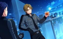  2boys black_gloves black_necktie breast_pocket brown_eyes brown_hair cup drinking_glass facial_hair game_cg gloves goatee happy_elements helios_rising_heroes highres holding holding_cup ice ice_cube jay_kidman long_sleeves male_focus moon multiple_boys necktie night non-web_source official_art pocket shirt single_glove 